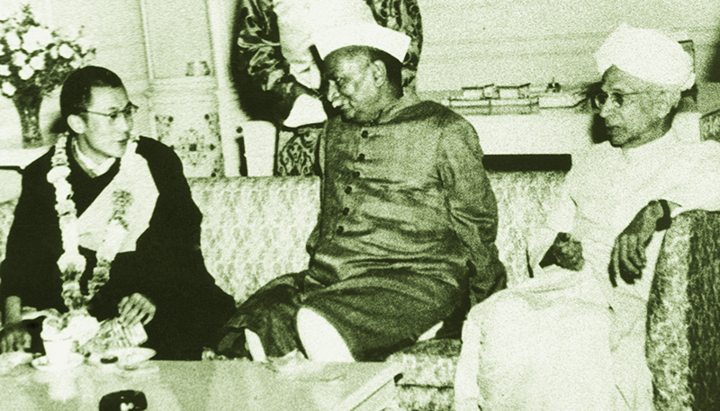 His Holiness the Dalai Lama with President Dr. Rajendra Prasad and Vice-President Dr. Radha Krishnan of India, 1956